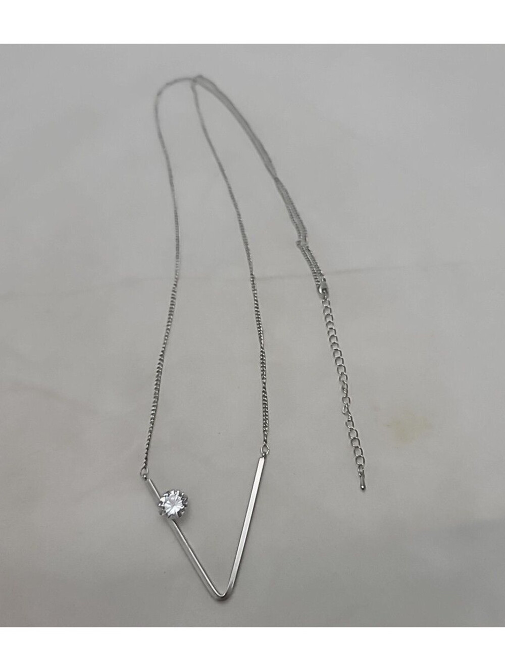 Long Silvertone Necklace V Shape with Set-In Faux Diamond Asymmetrical Sparkly